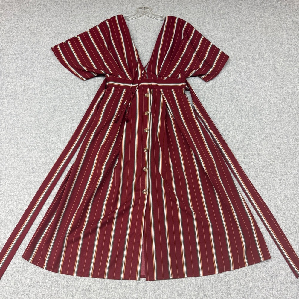 Essue Striped Maxi Dress Small Burgundy Red V-Neck Button Front Boho Tie Waist